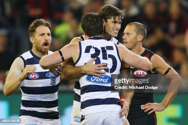 Tom Hawkins of the Cats celebrates a goal with Patrick Dangerfield during the round eight AFL match between the Essendon Bombers and the Geelong Cats...