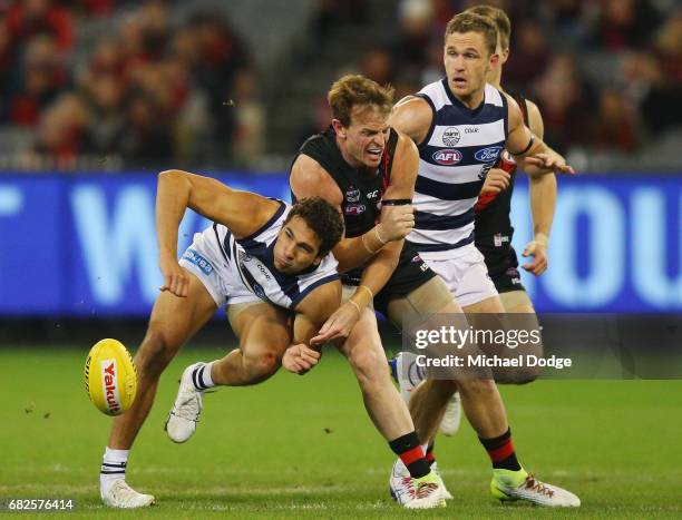 Nakia Cockatoo of the Cats and Brendon Goddard of the Bombers compete for the ball during the round eight AFL match between the Essendon Bombers and...