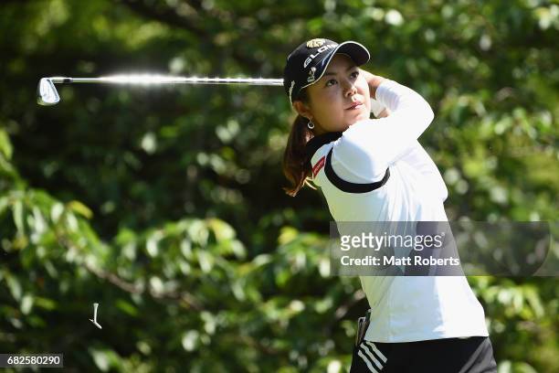 Ayaka Matsumori of Japan hits her tee shot on the 7th hole during the second round of the Hoken-no-Madoguchi Ladies at the Fukuoka Country Club...