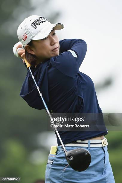 Erina Hara of Japan hits her tee shot on the 10th hole during the first round of the Hoken-no-Madoguchi Ladies at the Fukuoka Country Club Wajiro...