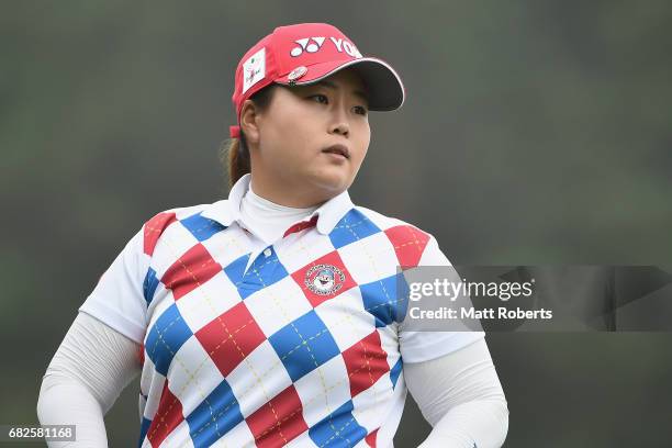 Sun-Ju Ahn of South Korea looks on before her tee shot on the 10th hole during the first round of the Hoken-no-Madoguchi Ladies at the Fukuoka...