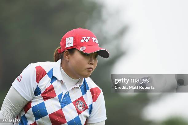 Sun-Ju Ahn of South Korea watches her tee shot on the 10th hole during the first round of the Hoken-no-Madoguchi Ladies at the Fukuoka Country Club...