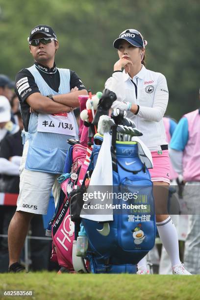 Ha-Neul Kim of South Korea looks on before her tee shot on the 10th hole during the first round of the Hoken-no-Madoguchi Ladies at the Fukuoka...