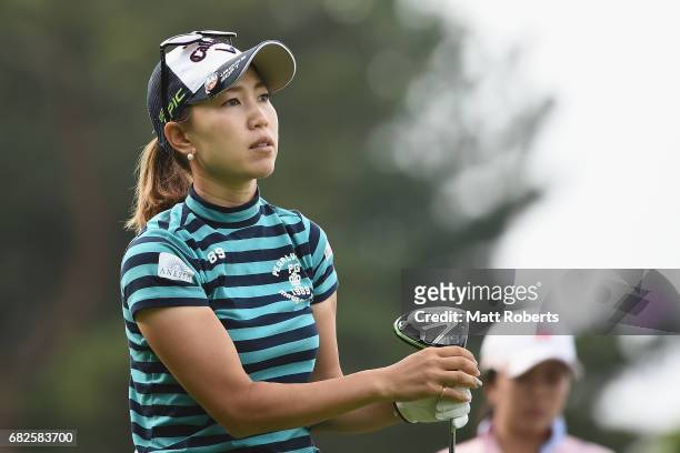 Momoko Ueda of Japan watches her tee shot on the 10th hole during the first round of the Hoken-no-Madoguchi Ladies at the Fukuoka Country Club Wajiro...