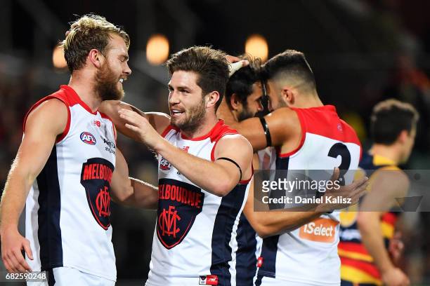 Jack Watts and Jack Viney of the Demons celebrate during the round eight AFL match between the Adelaide Crows and the Melbourne Demons at Adelaide...