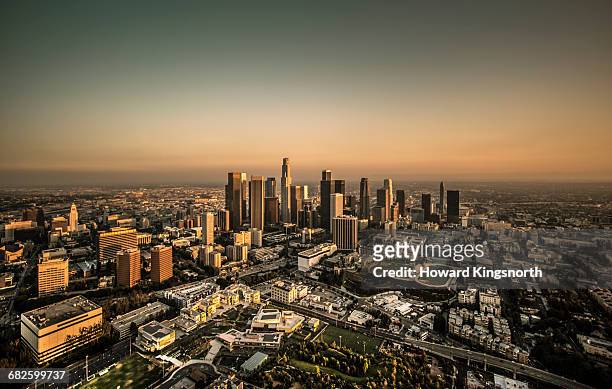 wide aerial shot of los angeles - downtown los angeles aerial stock pictures, royalty-free photos & images