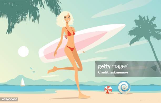 young woman with a surfing board - blonde attraction stock illustrations