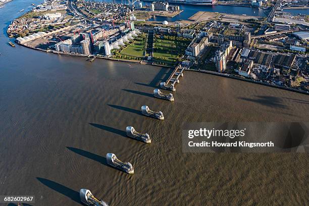 the thames barrier, aerial view - thames barrier aerial stock pictures, royalty-free photos & images