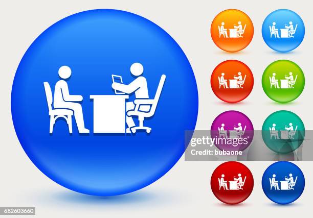 interview icon on shiny color circle buttons - man interview stock illustrations