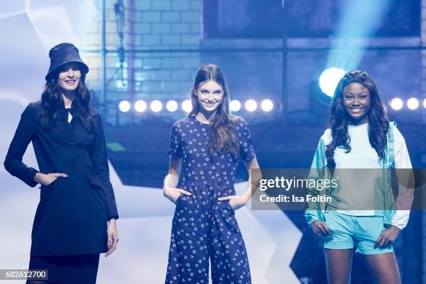 The GNTM Top 8 finalists Romina Brennecke, Celine Badman and Leticia Wala-Ntuba during the GreenTec Awards Show at ewerk on May 12, 2017 in Berlin,...