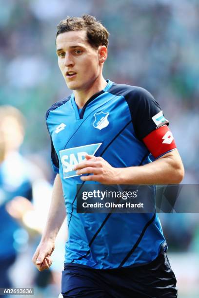 Sebastian Rudy of Hoffenheim in action during the Bundesliga match between Werder Bremen and TSG 1899 Hoffenheim at Weserstadion on May 13, 2017 in...