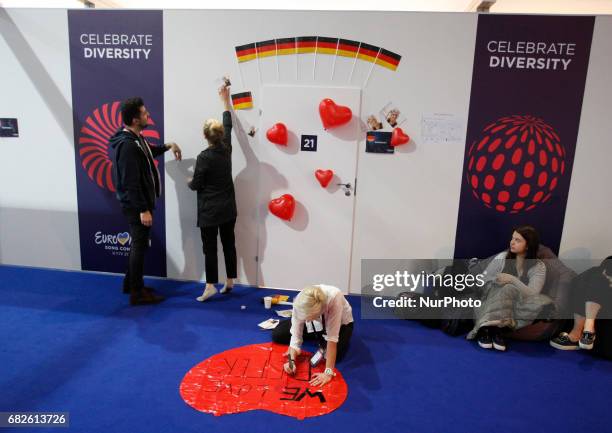 Team members decorate room of Levina from Germany in the delegations area, prior rehearsal for the Grand Final of the Eurovision Song Contest, in...