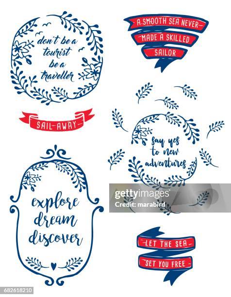 set of labels travel quotation-text - navy blue ribbon stock illustrations