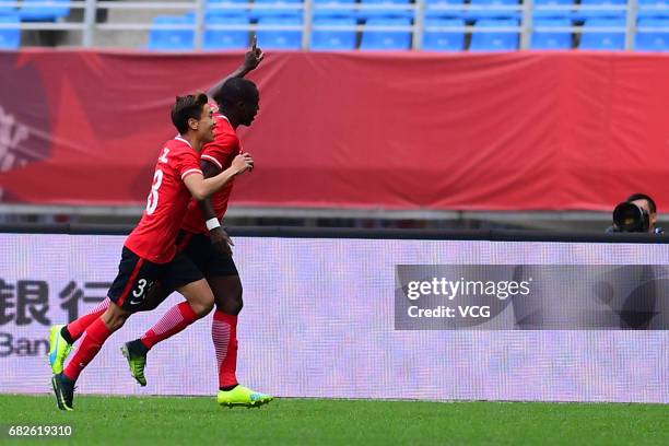 Anthony Ujah of Liaoning Whowin celebrates a point during the 9th round match of 2017 Chinese Football Association Super League between Liaoning...