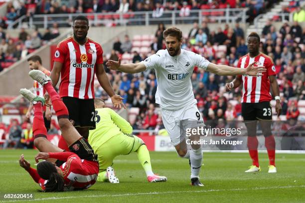 Fernando Llorente of Swansea City celebrates scoring his sides first goal during the Premier League match between Sunderland and Swansea City at...