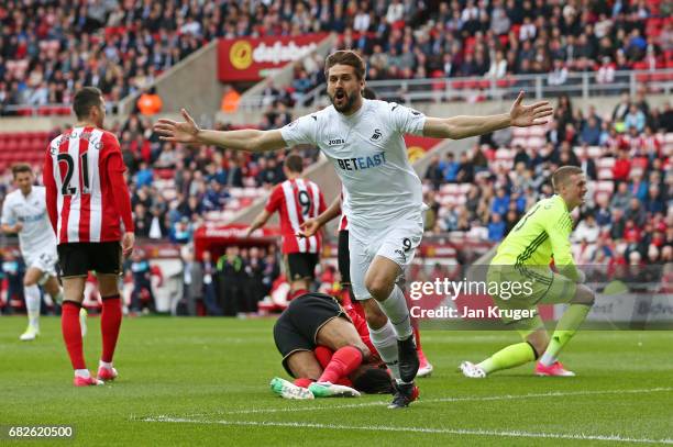 Fernando Llorente of Swansea City celebrates scoring his sides first goal during the Premier League match between Sunderland and Swansea City at...