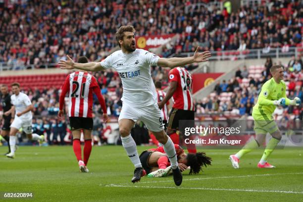 Fernando Llorente of Swansea City celebrates scoring his sides first goal during the Premier League match between Sunderland and Swansea City at...