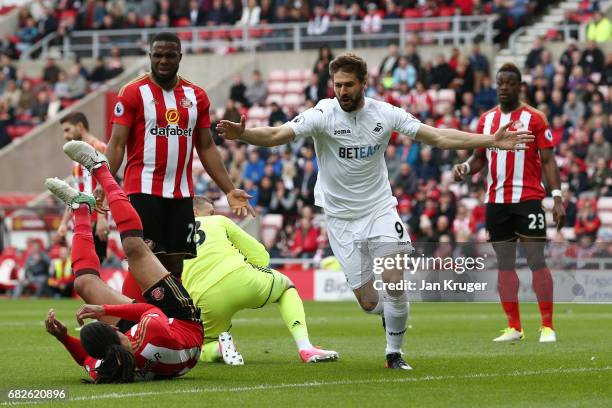 Fernando Llorente of Swansea City celebrates scoring his sides first goal during the Premier League match between Sunderland and Swansea City at...