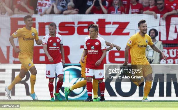 Haris Seferovic of Frankfurt celebrates his team's second goal during the Bundesliga match between 1. FSV Mainz 05 and Eintracht Frankfurt at Opel...