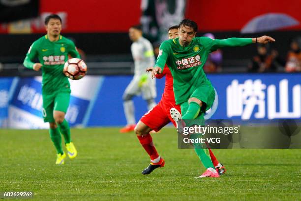 Burak Yilmaz of Beijing Guoan reacts during the 9th round match of 2017 Chinese Football Association Super League between Yanbian Fude and Beijing...