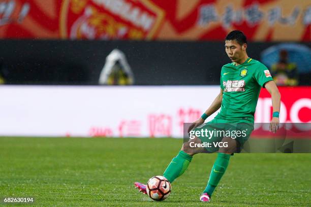 Jonathan Soriano of Beijing Guoan controls the ball during the 9th round match of 2017 Chinese Football Association Super League between Yanbian Fude...