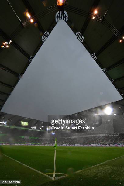 General view as weather stops play during the Bundesliga match between VfL Wolfsburg and Borussia Moenchengladbach at Volkswagen Arena on May 13,...