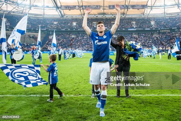 Klaas-Jan Huntelaar celebrates with fans one of his last matches for Schalke 04 after the Bundesliga match between FC Schalke 04 and Hamburger SV at...