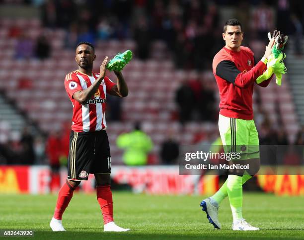 Jermain Defoe of Sunderland and Vito Mannone of Sunderland clap the fans after the Premier League match between Sunderland and Swansea City at...