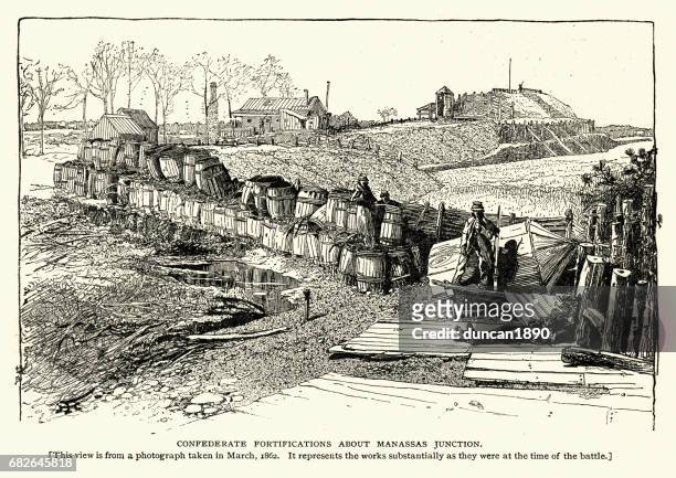 american civil war - confederate fortifications, bull run - confederate battle stock illustrations