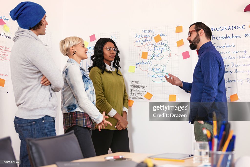 Talented young adults working together in office on project development