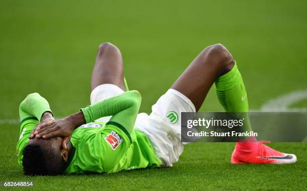 Victor Osimhen of Wolfsburg reacts at the end of the Bundesliga match between VfL Wolfsburg and Borussia Moenchengladbach at Volkswagen Arena on May...