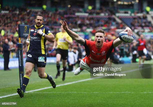 Chris Ashton of Saracens dives over to score the opening try during the European Rugby Champions Cup Final between ASM Clermont Auvergne and Saracens...