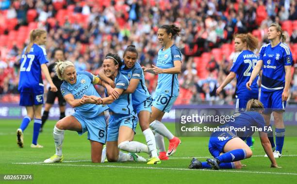 Lucy Bronze of Manchester City celebrates scoring her sides first goal with her Man City team mates during the SSE Women's FA Cup Final between...