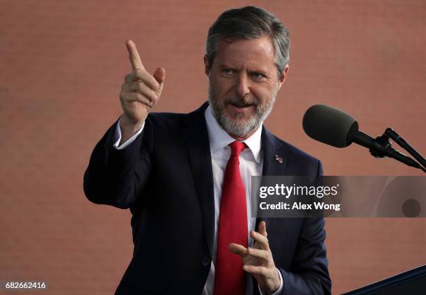 Jerry Falwell, President of Liberty University, speaks during a commencement at Liberty University May 13, 2017 in Lynchburg, Virginia. President...