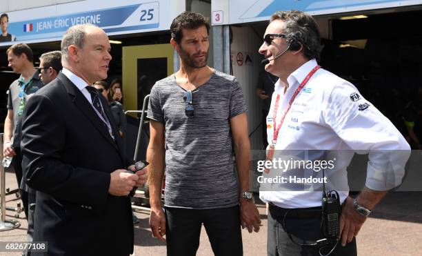 In this handout image supplied by Formula E, Prince Albert II of Monaco with ex-F1 driver, Mark Webber, and Alejandro Agag, CEO, Formula E Holdings...