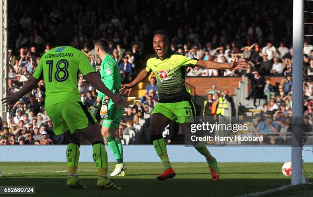 Jordan Obita of Reading celebrates scoring his sides first goal with Yann Kermorgant of Reading during the Sky Bet Championship Play off semi final...