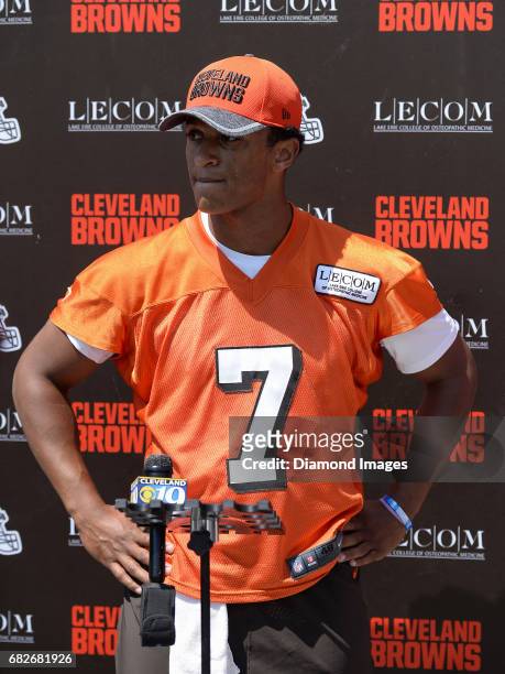 Quarterback DeShone Kizer of the Cleveland Browns answers questions from the media during a press conference prior to a rookie mini camp practice on...