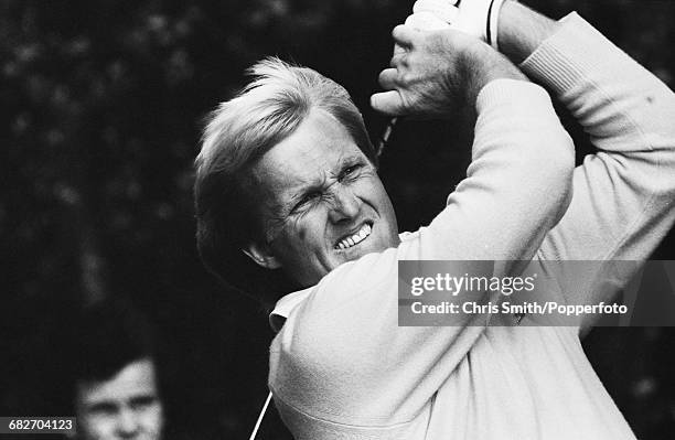 Australian golfer Greg Norman pictured in action competing in the 1981 Suntory World Match Play Championship at Wentworth near Virginia Water,...