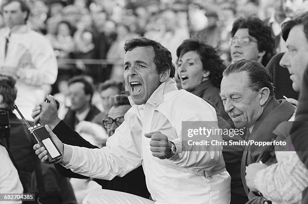 English golfer and non-playing captain, Tony Jacklin pictured cheering in celebration as he watches action for Team Europe to win the 1985 Ryder Cup...