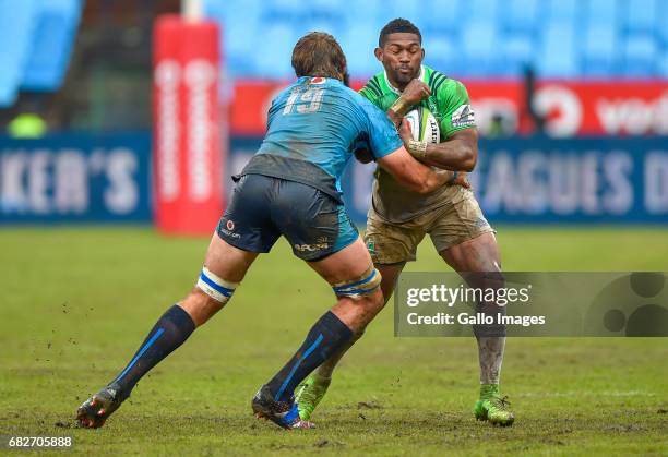 Lood de Jager of the Bulls tackling Waisake Naholo of the Highlanders during the Super Rugby match between Vodacom Bulls and Highlanders at Loftus...