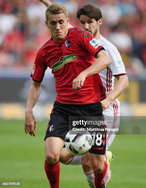 Nils Petersen of Freiburg controls the ball during the Bundesliga match between SC Freiburg and FC Ingolstadt 04 at Schwarzwald-Stadion on May 13,...