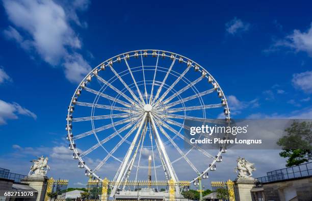 paris : point of view of the paris ferris wheel from the tuileries garden gate, concorde obelik shining in the background - tuilerieën tuin stockfoto's en -beelden