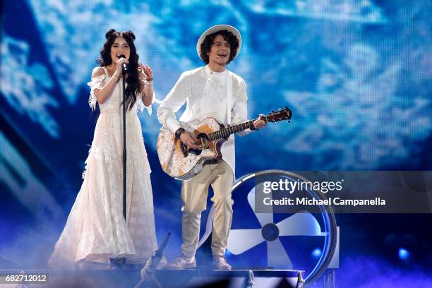 Artem Lukyanenko and Ksenia Zhuk of the band Naviband, representing Belarus, perform the song 'Story of My Life' during the final of the 62nd...