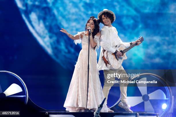 Artem Lukyanenko and Ksenia Zhuk of the band Naviband, representing Belarus, perform the song 'Story of My Life' during the final of the 62nd...