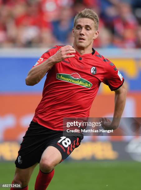 Nils Petersen of Freiburg runs for the ball during the Bundesliga match between SC Freiburg and FC Ingolstadt 04 at Schwarzwald-Stadion on May 13,...