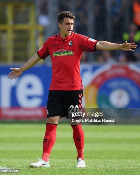 Marc-Oliver Kempf of Freiburg gestures during the Bundesliga match between SC Freiburg and FC Ingolstadt 04 at Schwarzwald-Stadion on May 13, 2017 in...