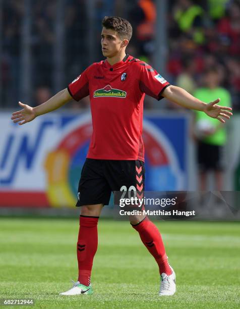 Marc-Oliver Kempf of Freiburg gestures during the Bundesliga match between SC Freiburg and FC Ingolstadt 04 at Schwarzwald-Stadion on May 13, 2017 in...