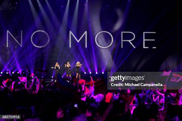 Amy, Shelley and Lisa Vol of the band OG3NE, representing the Netherlands, perform the song 'Lights and Shadows' during the final of the 62nd...