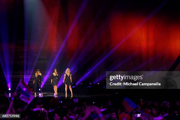 Amy, Shelley and Lisa Vol of the band OG3NE, representing the Netherlands, perform the song 'Lights and Shadows' during the final of the 62nd...