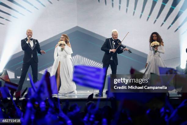 Sunstroke Project, representing Moldova, perform the song 'Hey Mamma' during the final of the 62nd Eurovision Song Contest at International...